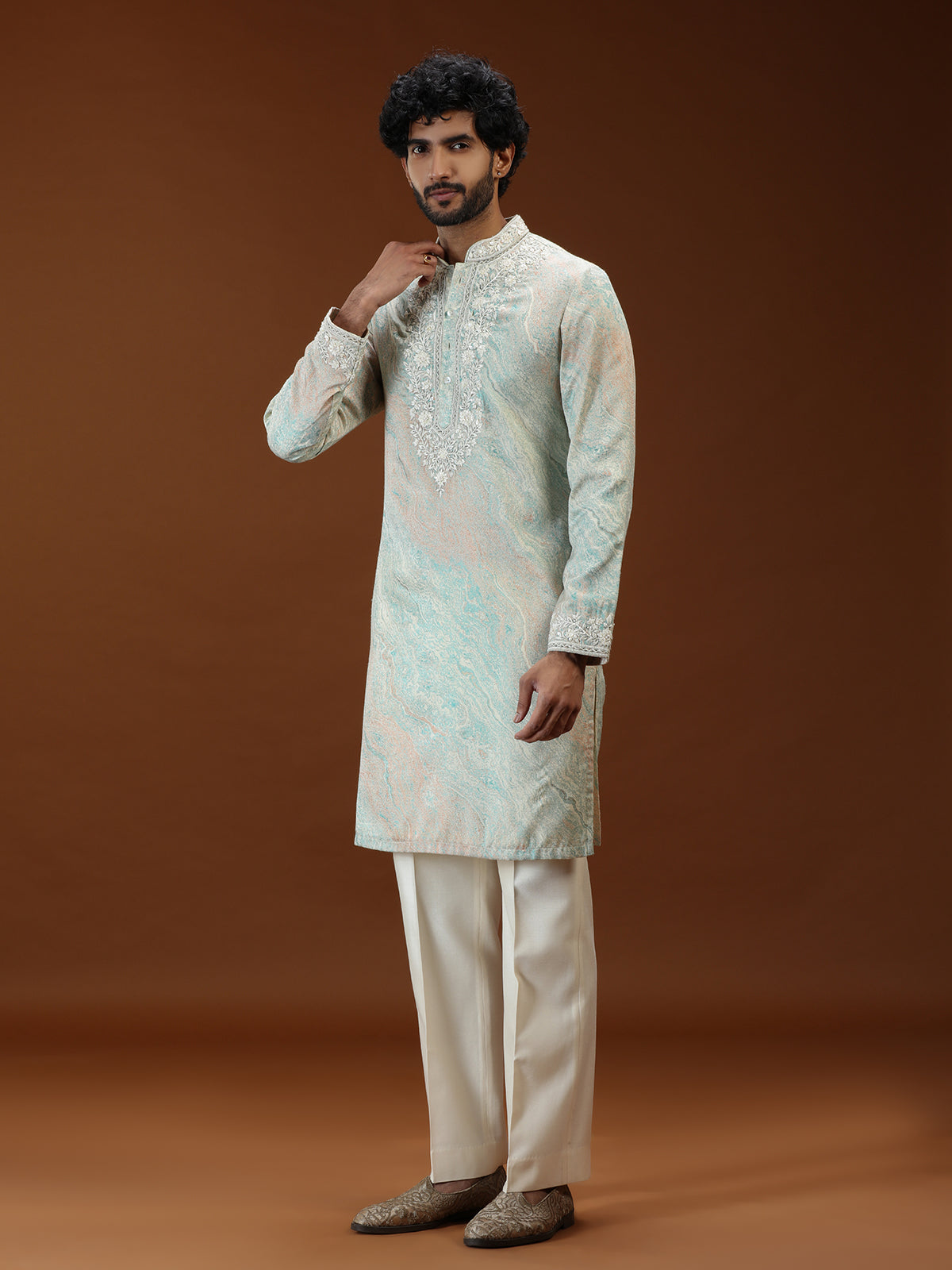 Mint green printed embroidered mens kurta suit