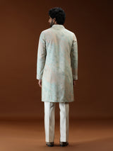 Mint green printed embroidered mens kurta suit