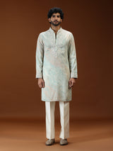 Mint green printed embroidered mens kurta suit