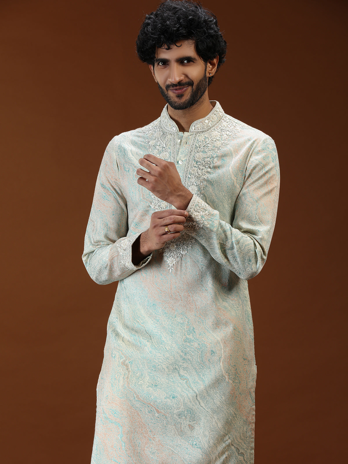 Mint green printed embroidered mens kurta suit