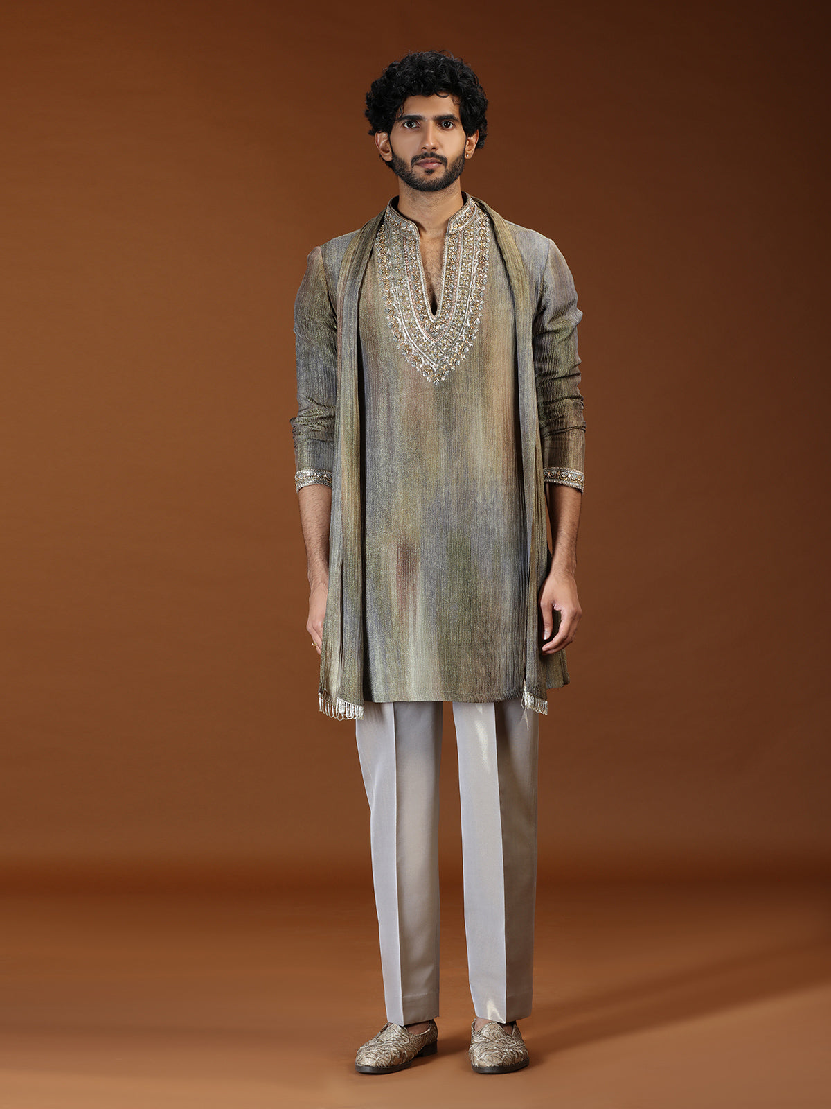 Mint green embellished tissue mens kurta suit