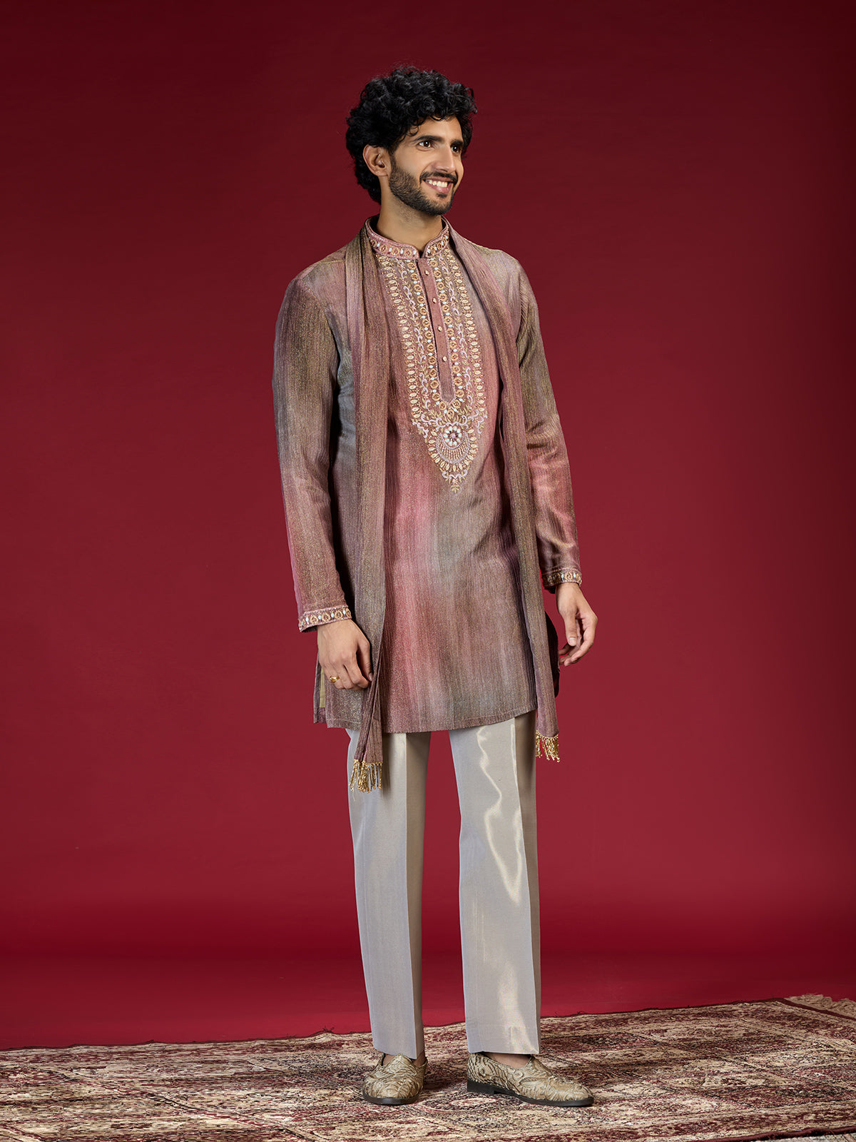 Maroon embellished mandarin collar mens kurta suit