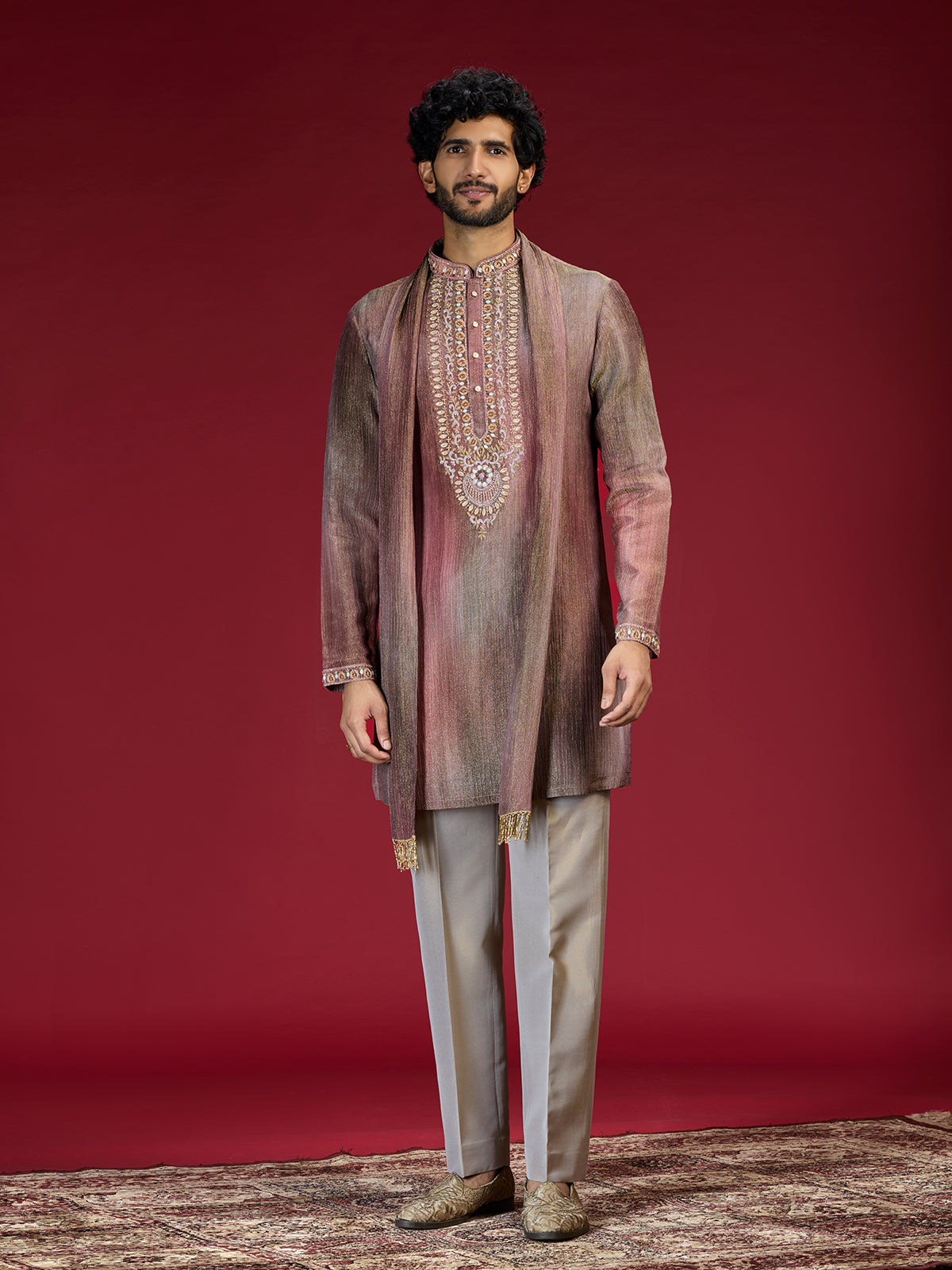 Maroon embellished mandarin collar mens kurta suit
