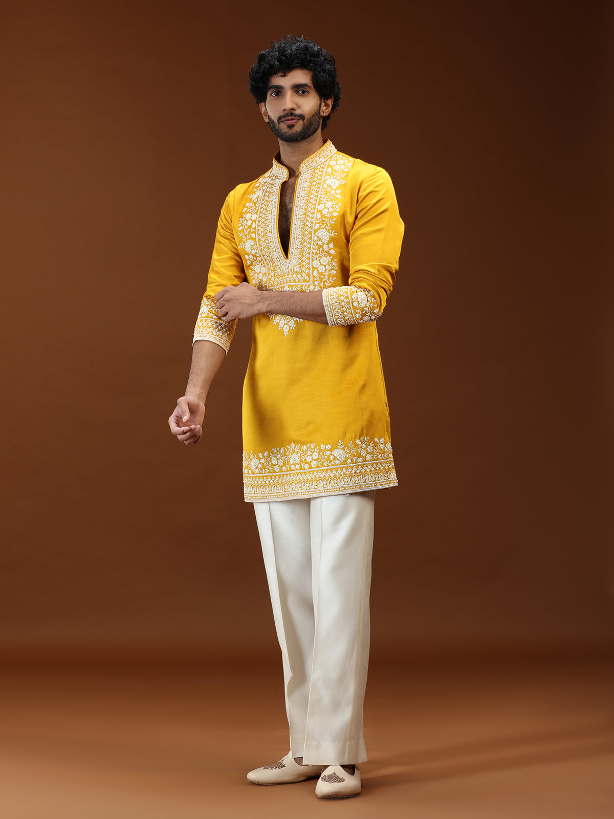 Yellow floral embellished mens kurta suit with dupatta
