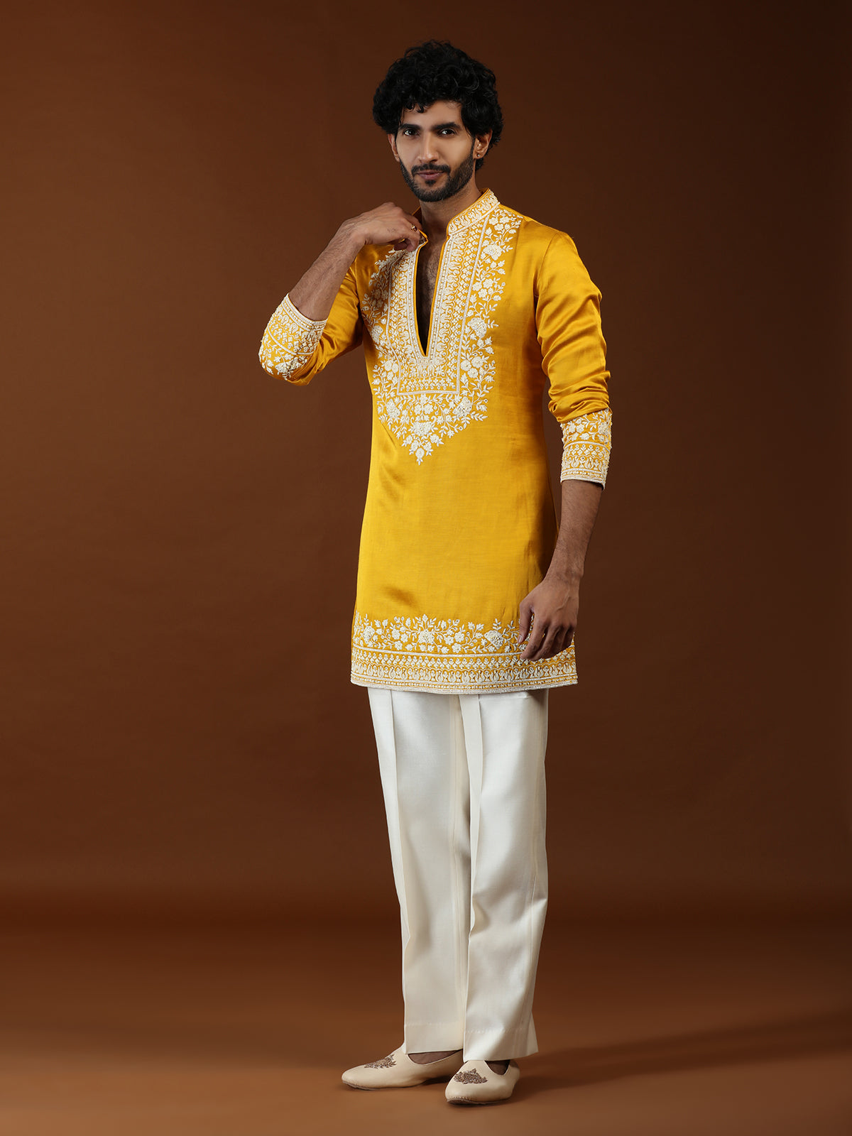 Yellow floral embellished mens kurta suit with dupatta