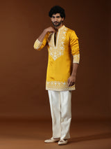 Yellow floral embellished mens kurta suit with dupatta