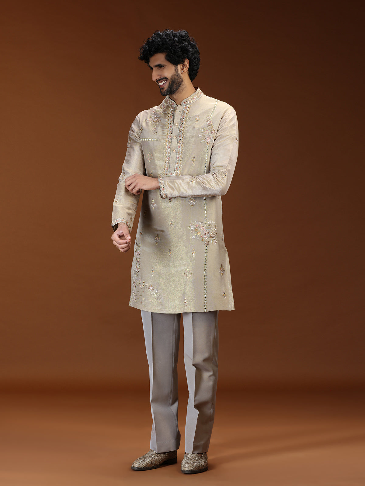 Beige floral tissue mens kurta suit with dupatta