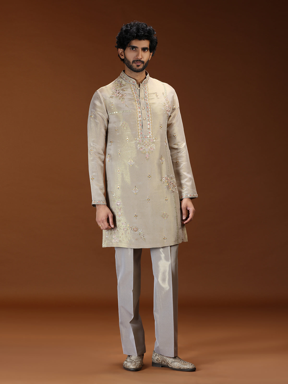 Beige floral tissue mens kurta suit with dupatta