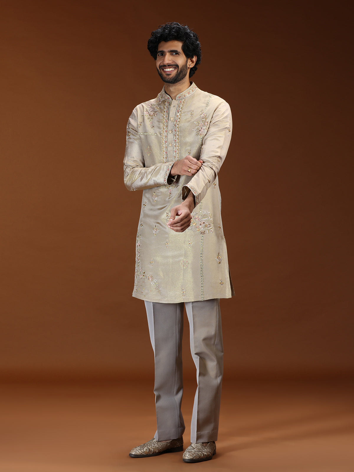 Beige floral tissue mens kurta suit with dupatta