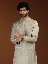 Beige floral tissue mens kurta suit with dupatta