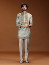 Sage silver geometric embroidered mens kurta suit