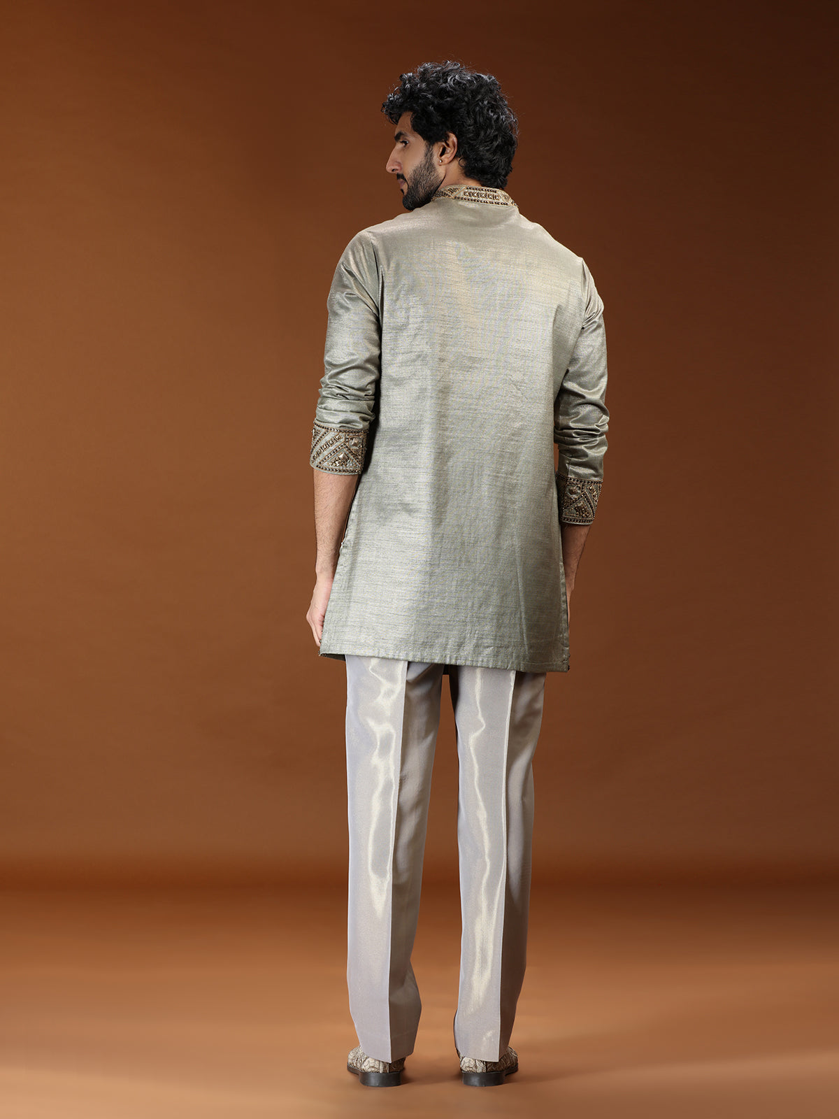 Sage silver geometric embroidered mens kurta suit