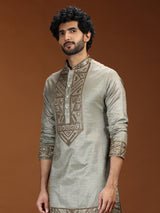Sage silver geometric embroidered mens kurta suit