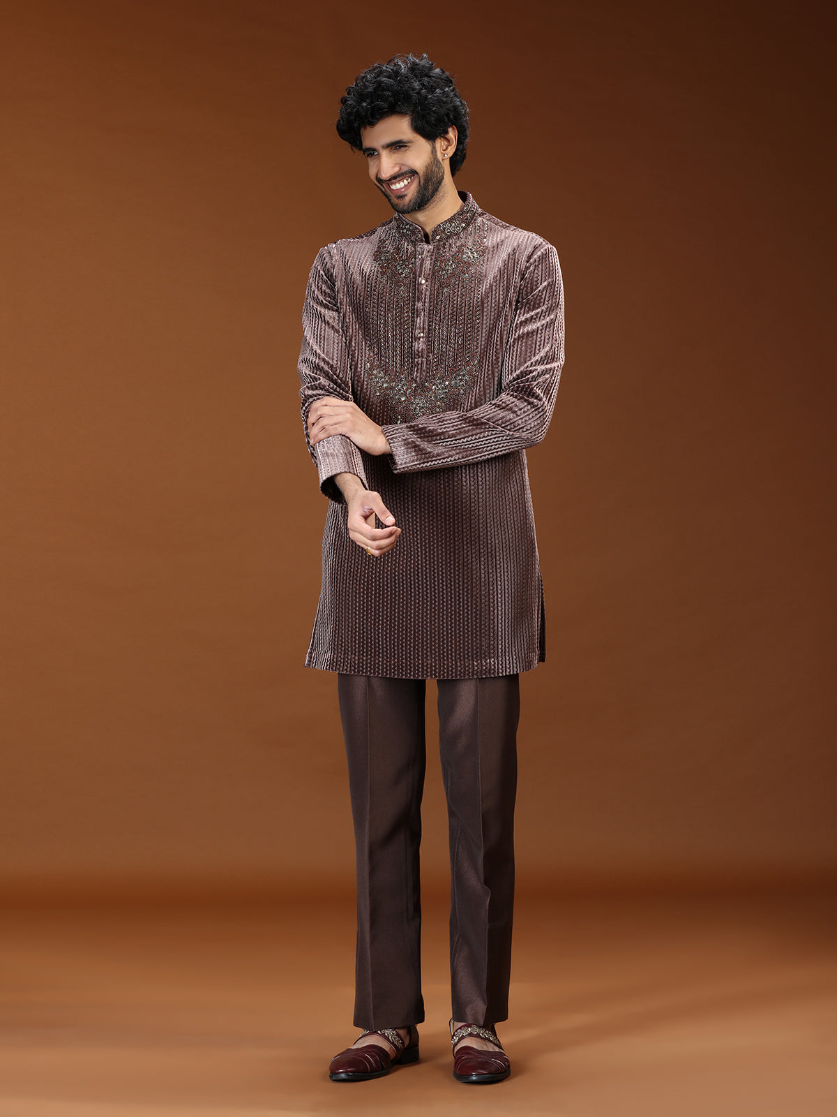 Brown velvet embellished mandarin collar mens kurta suit