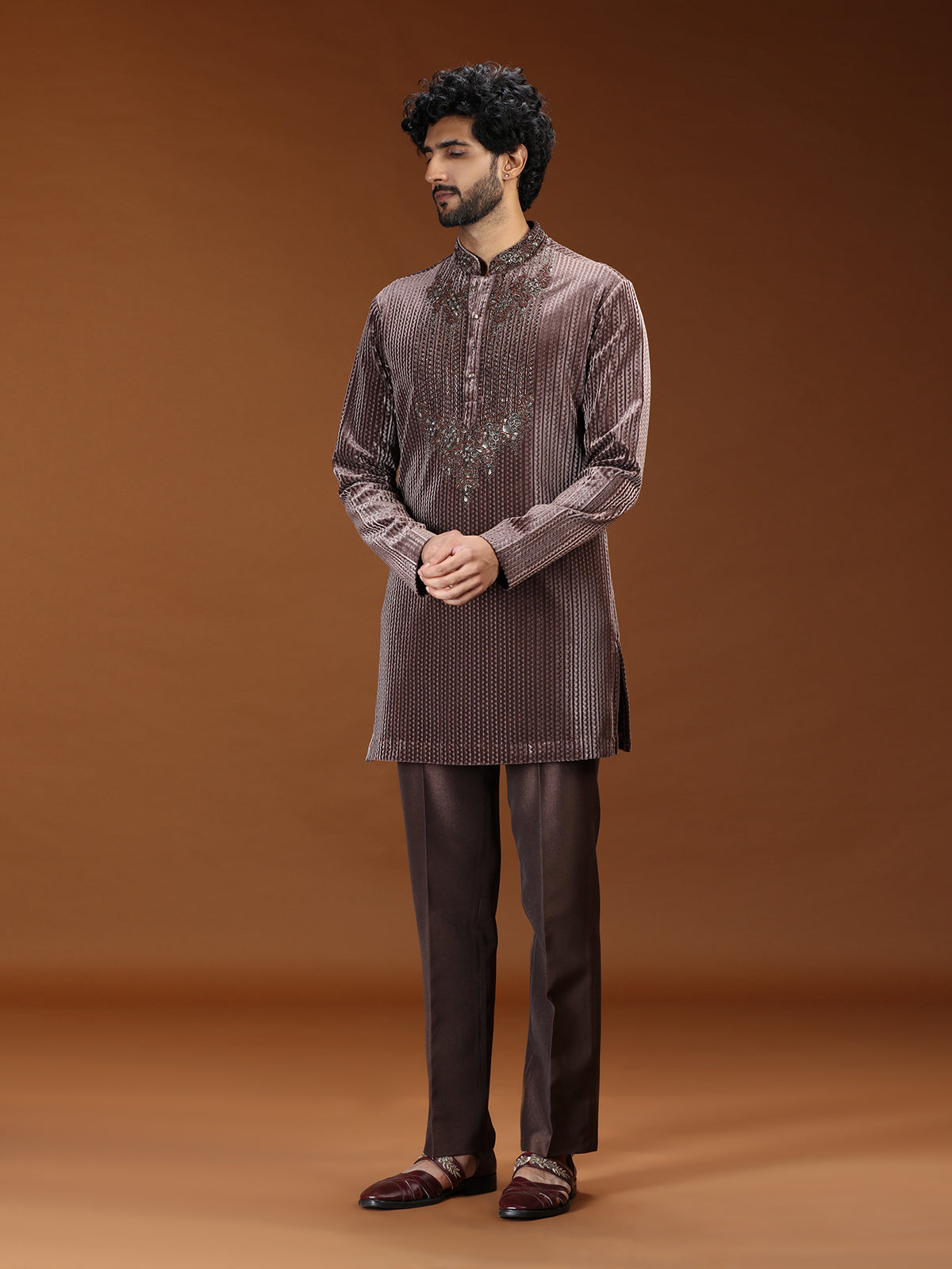 Brown velvet embellished mandarin collar mens kurta suit