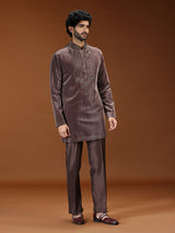Brown velvet embellished mandarin collar mens kurta suit