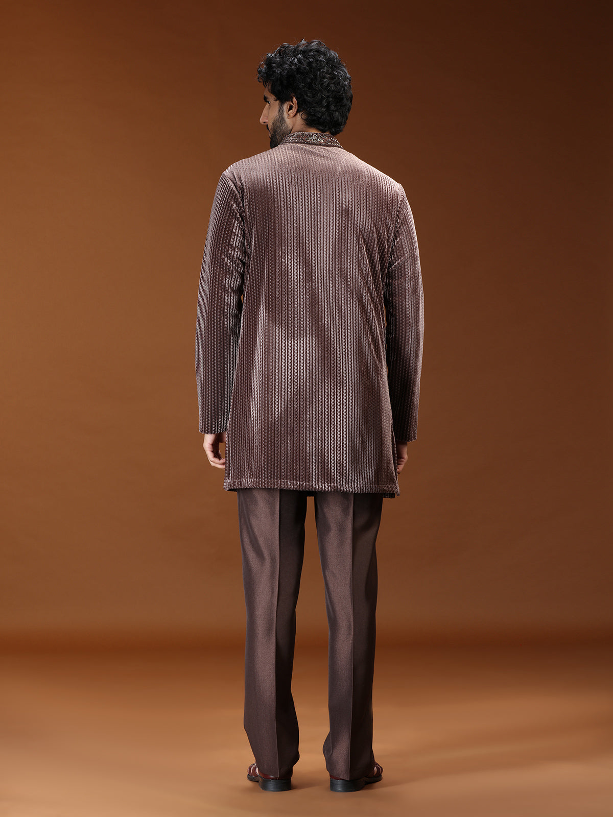 Brown velvet embellished mandarin collar mens kurta suit