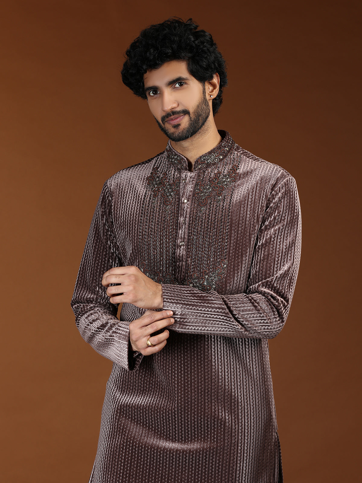 Brown velvet embellished mandarin collar mens kurta suit