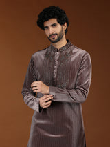 Brown velvet embellished mandarin collar mens kurta suit