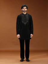 Black crystal embellished mens kurta suit with dupatta