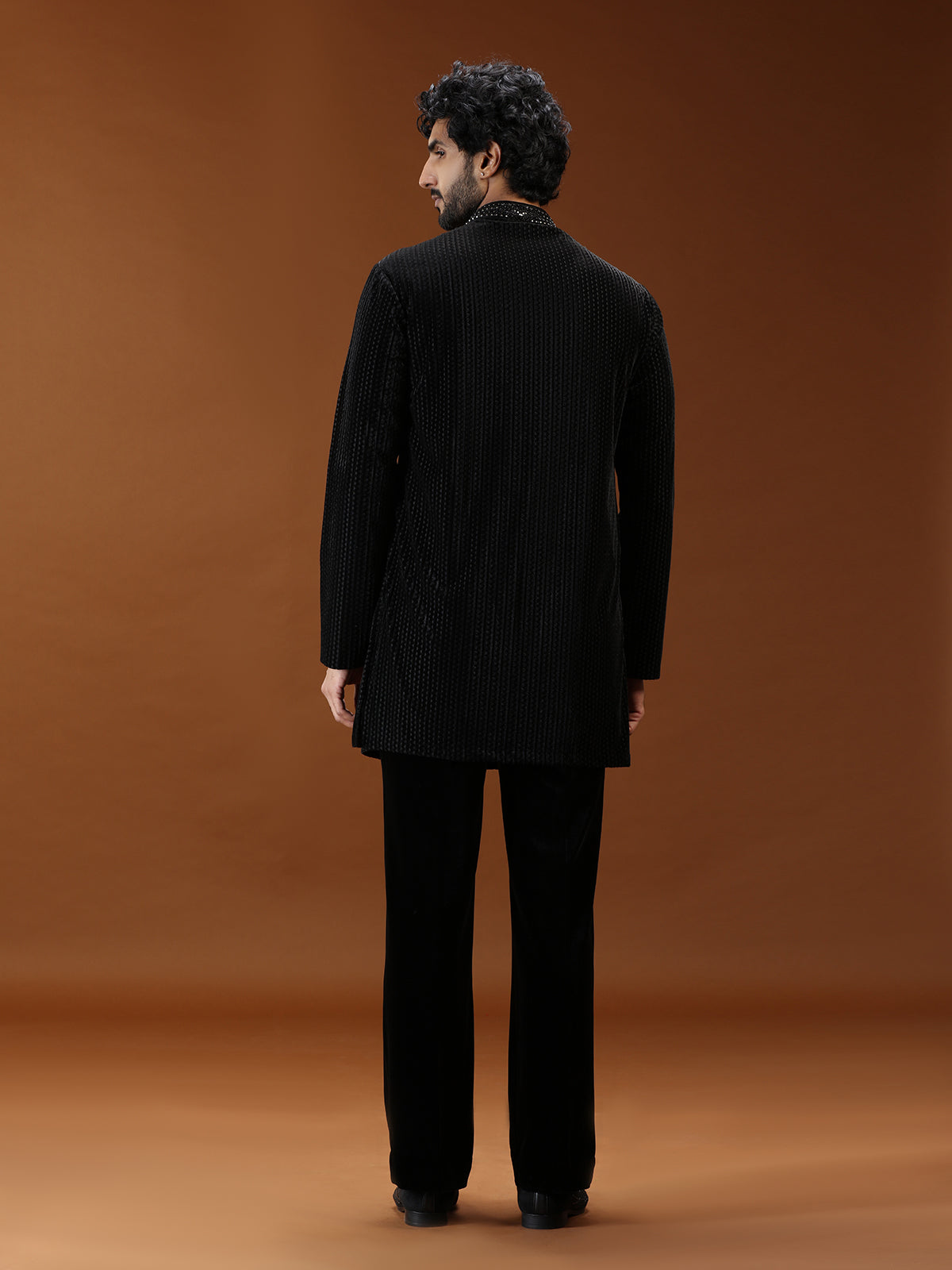 Black crystal embellished mens kurta suit with dupatta