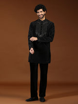 Black crystal embellished mens kurta suit with dupatta