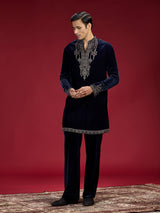 Blue persian embellished mandarin collar mens kurta suit