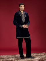 Blue persian embellished mandarin collar mens kurta suit