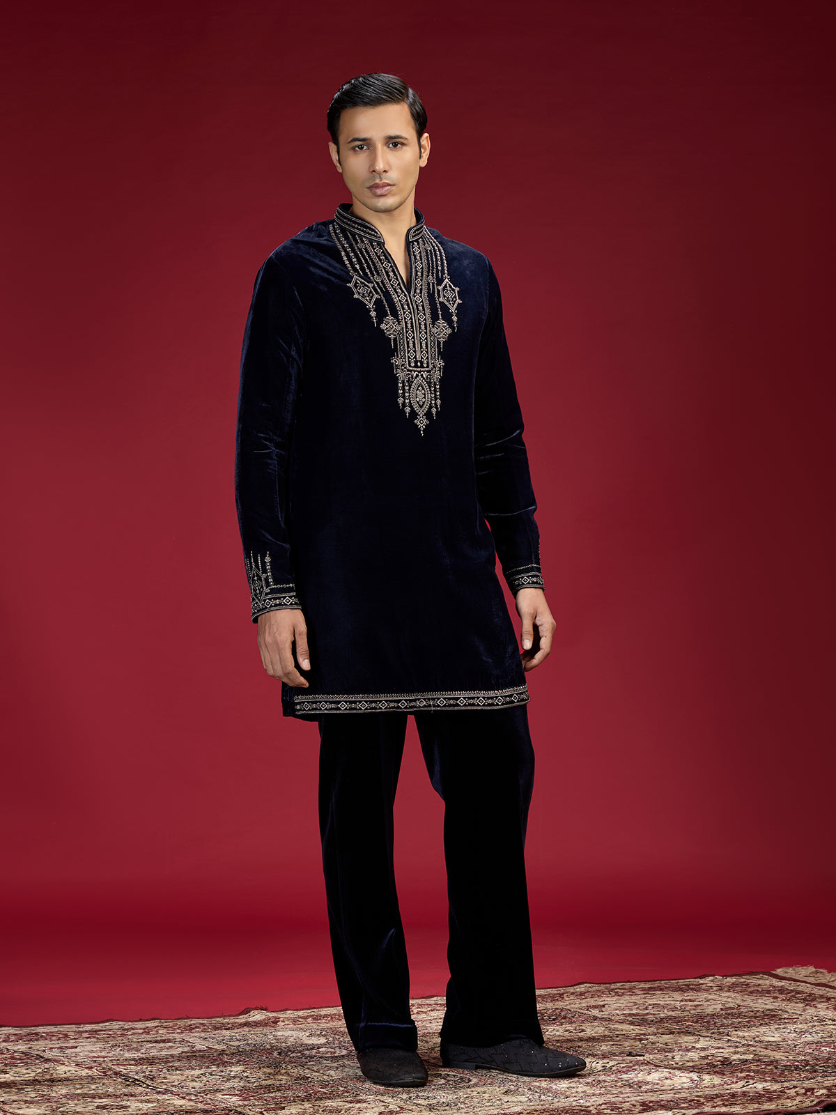 Blue persian embellished mandarin collar mens kurta suit