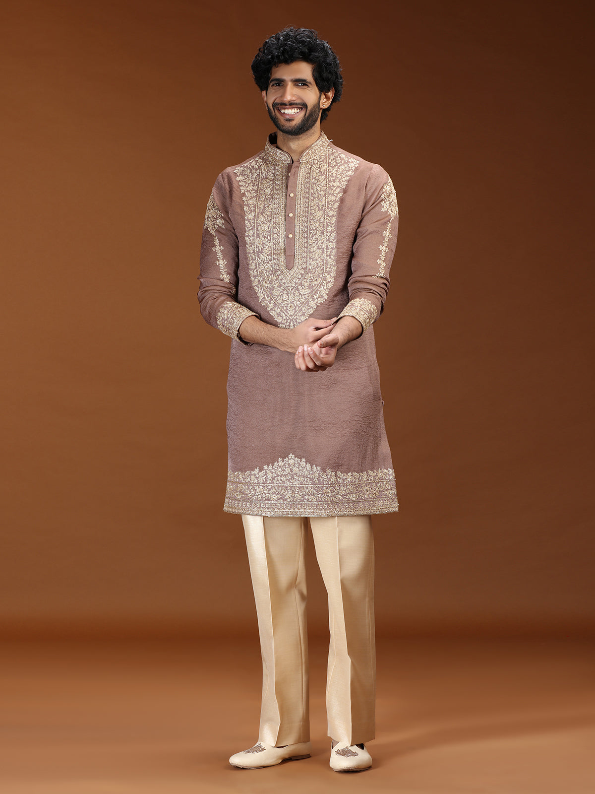 Onion pink floral embellished mens kurta suit