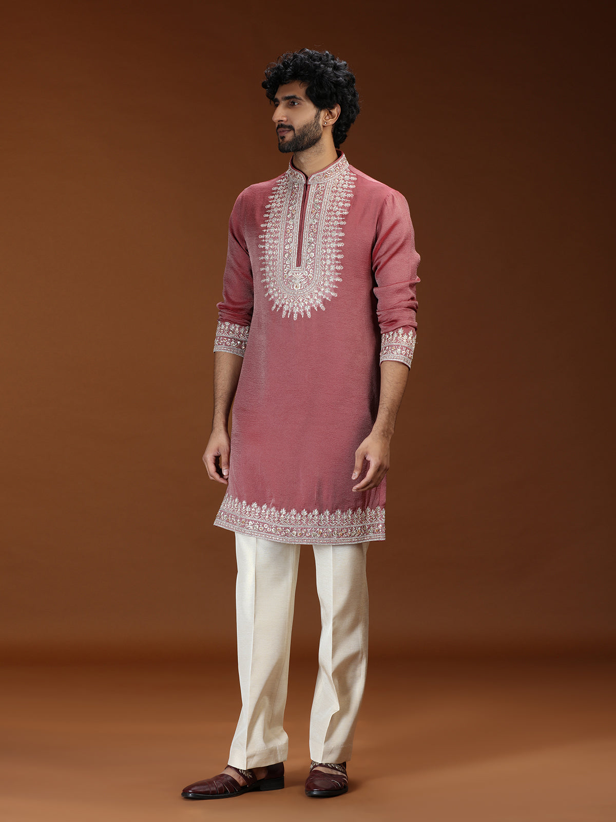 Reddish pink floral embellished mens kurta suit