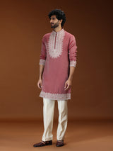 Reddish pink floral embellished mens kurta suit