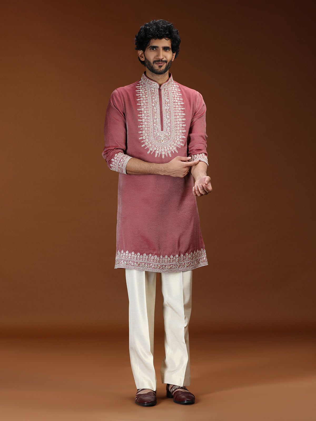 Reddish pink floral embellished mens kurta suit