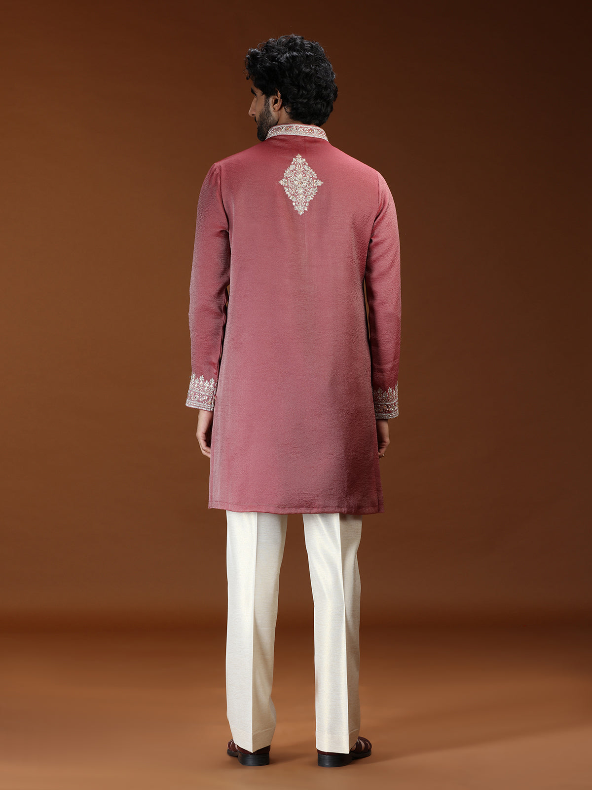 Reddish pink floral embellished mens kurta suit