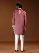 Reddish pink floral embellished mens kurta suit