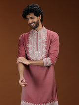 Reddish pink floral embellished mens kurta suit