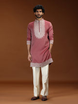 Reddish pink floral embellished mens kurta suit