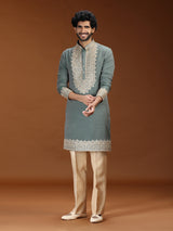 Green mughal embroidered mens kurta suit with dupatta