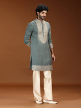 Green mughal embroidered mens kurta suit with dupatta