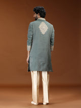 Green mughal embroidered mens kurta suit with dupatta