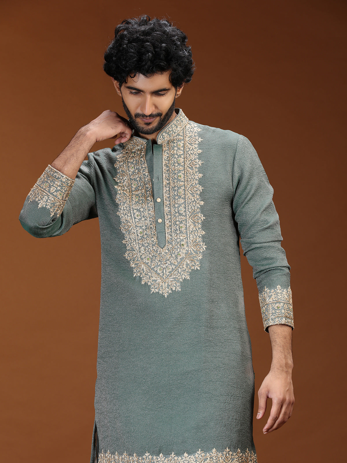 Green mughal embroidered mens kurta suit with dupatta