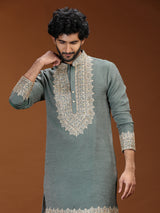 Green mughal embroidered mens kurta suit with dupatta