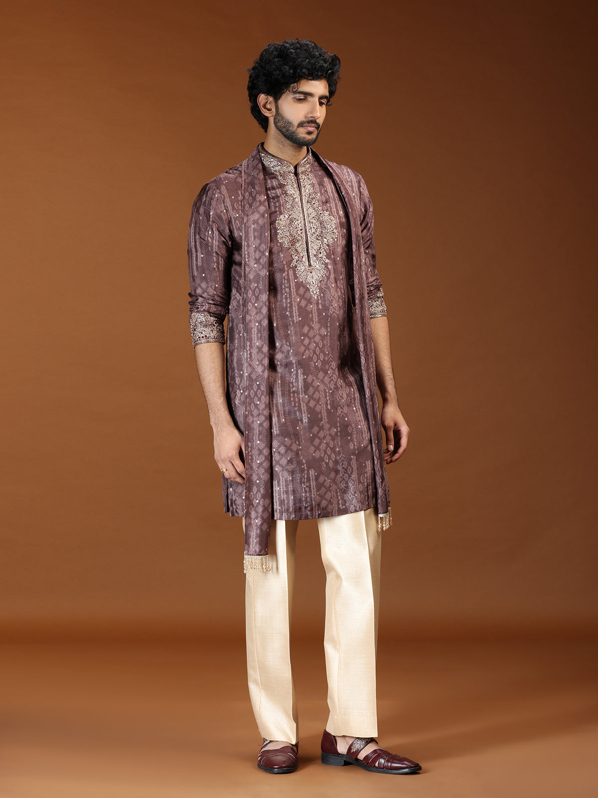 Brown printed embellished mens kurta suit with dupatta