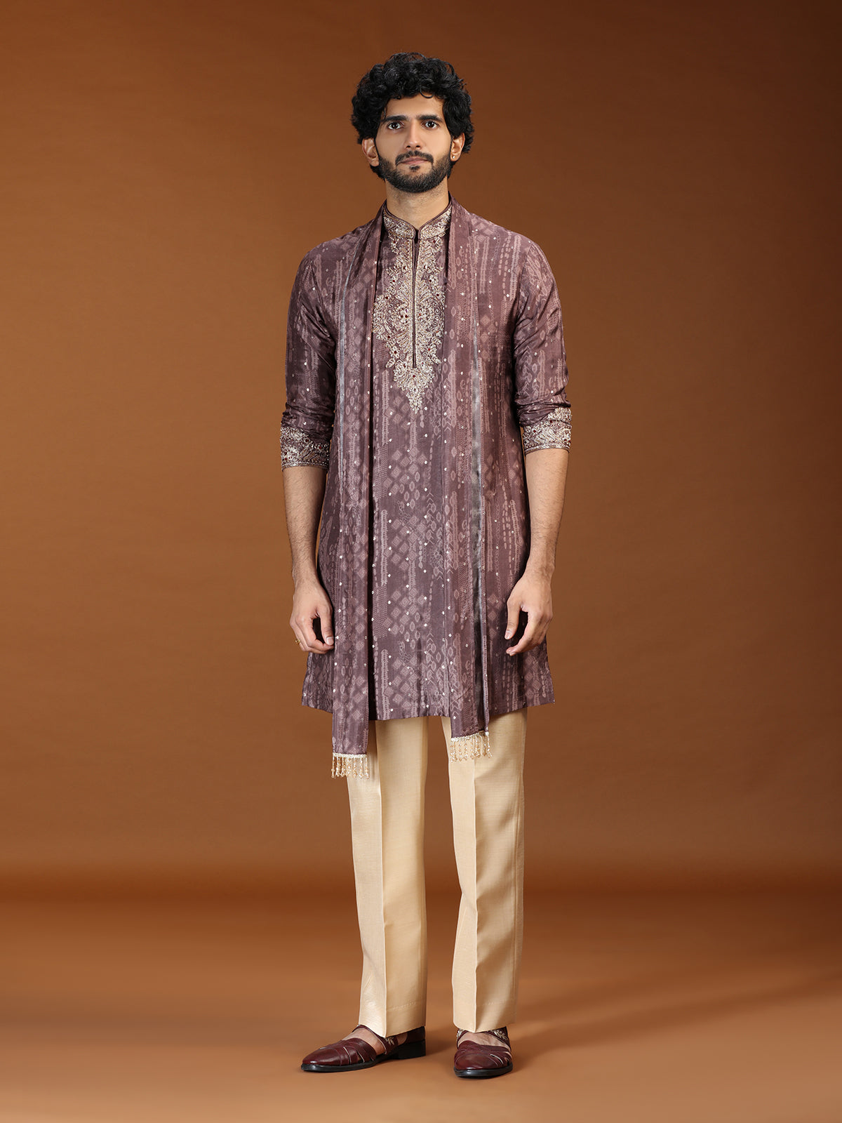 Brown printed embellished mens kurta suit with dupatta