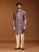 Brown printed embellished mens kurta suit with dupatta
