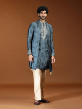Teal blue embroidered mens kurta suit with dupatta
