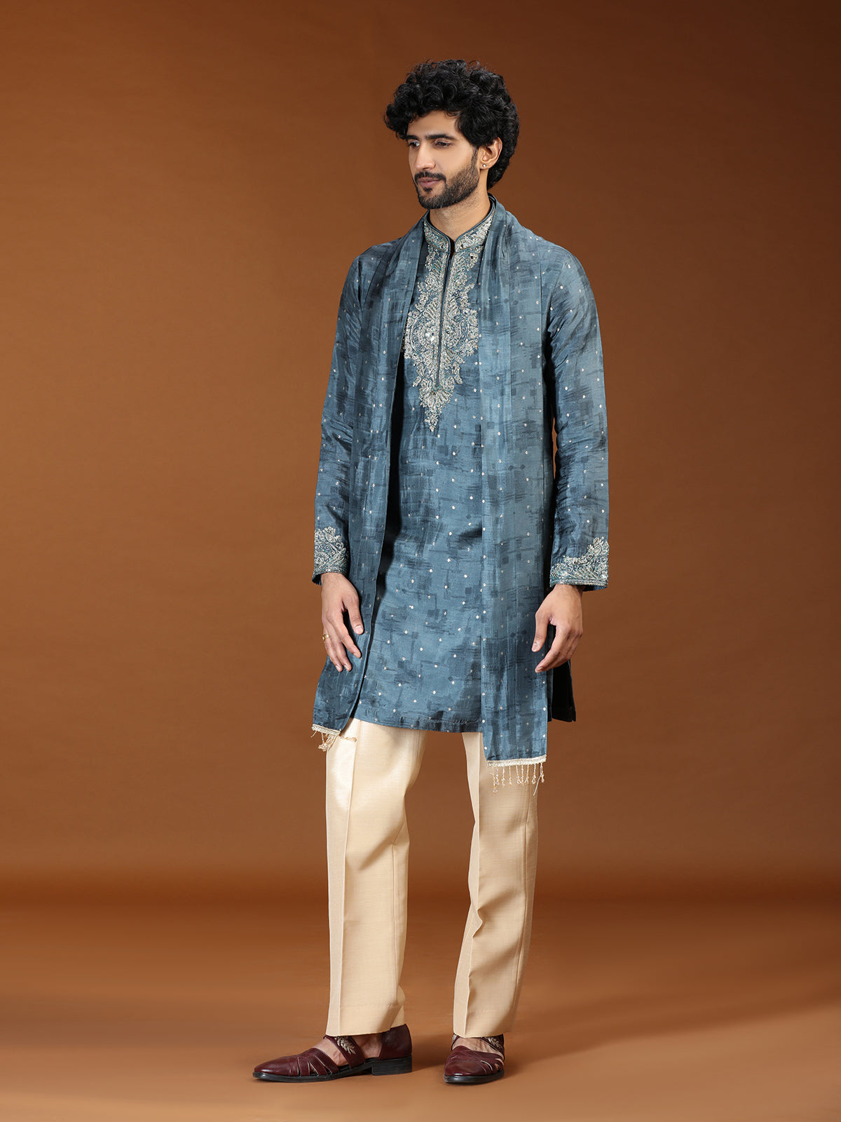 Teal blue embroidered mens kurta suit with dupatta