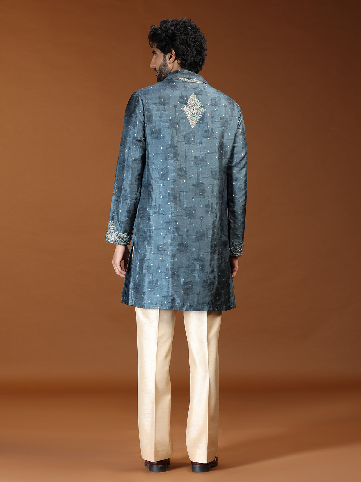 Teal blue embroidered mens kurta suit with dupatta