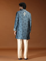 Teal blue embroidered mens kurta suit with dupatta