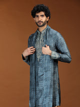 Teal blue embroidered mens kurta suit with dupatta